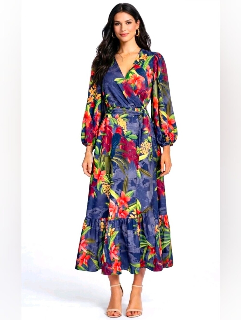 Tommy Bahama Navy Floral Wrap Maxi Dress with Tropical Print